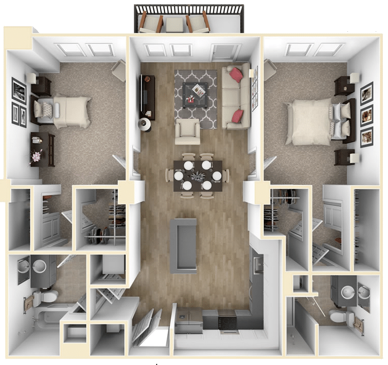 Floor plan for 2 beds, 2 baths, 1000 sqft